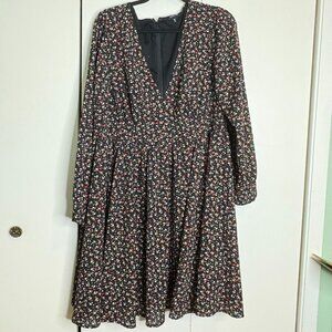 Torrid Floral Fit and Flare Georgette Long Sleeve Black Dress